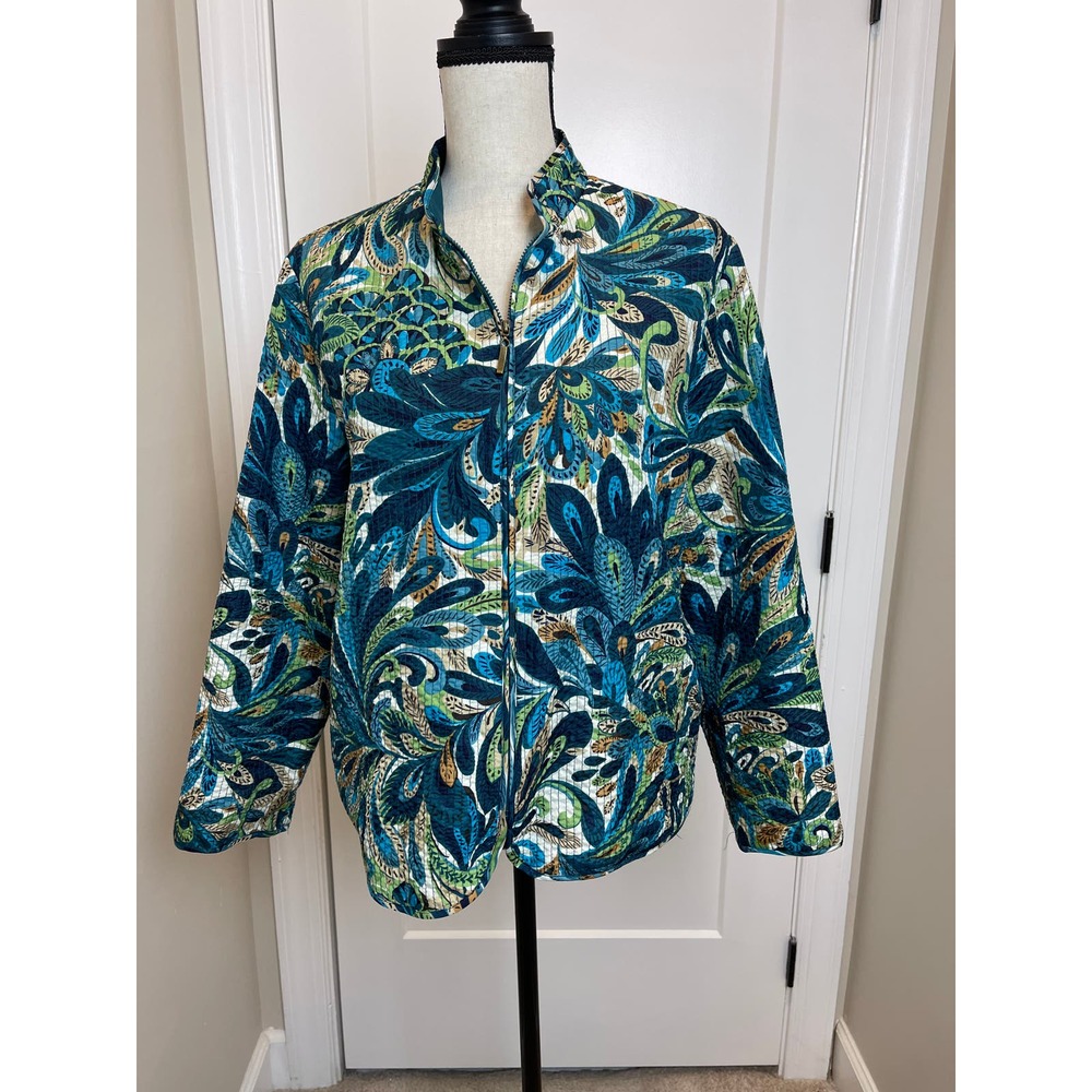 Alfred Dunner Womens Green Blue Long Sleeve Zipper Front Jacket 12 Petite